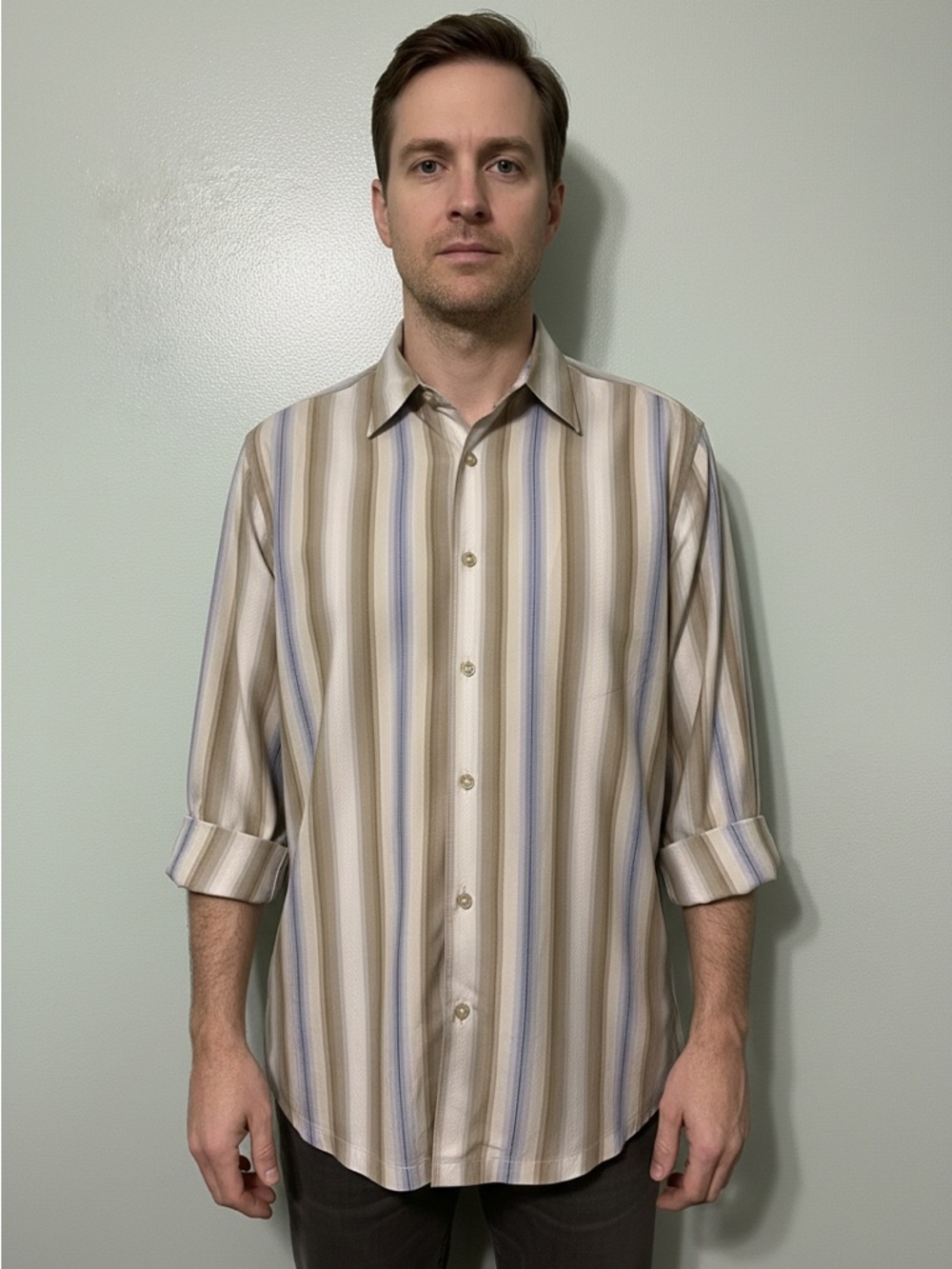 Tommy Bahama Silk Men's Beige, Blue & Cream Vertical Stripe Button-Down Shirt L